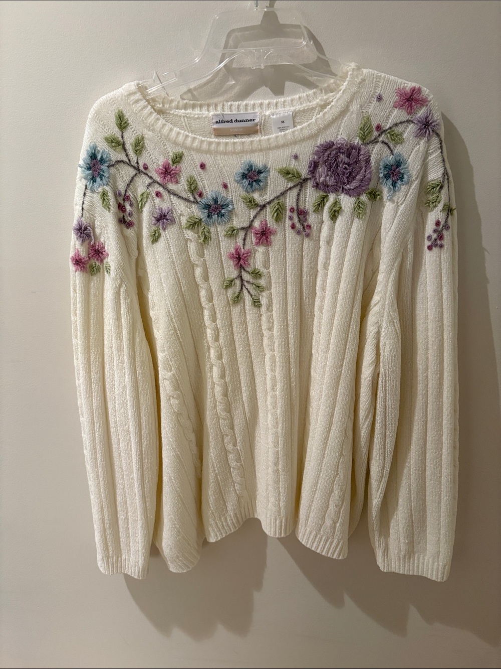 Alfred Dunner Cream Floral Embroidered Cable-Knit Crewneck Sweater